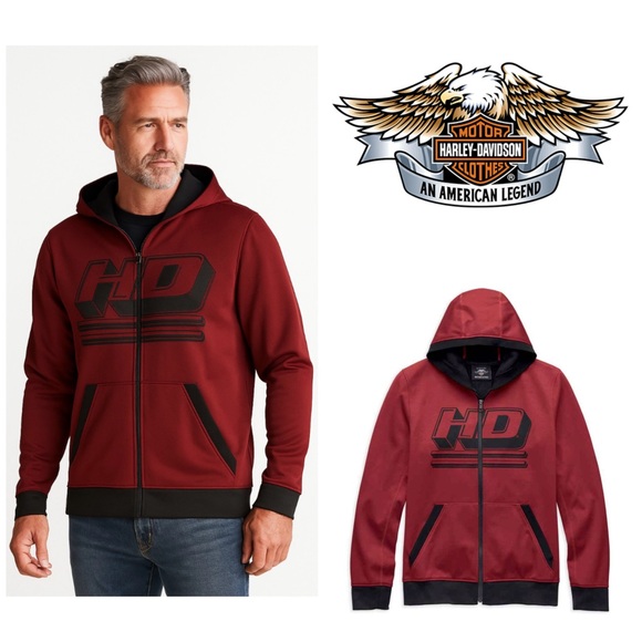 NWOT-Harley-Davidson Men's Fleece Hoodie Burgundy Black Zip-Up Sz XL - Picture 1 of 10